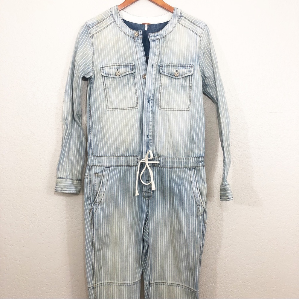 Free People Acid Wash Long Sleeve Denim Jump Suit